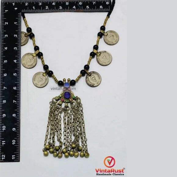 Coins and Beads Chain Necklace: Tribal Handmade Afghan Pendant - Picture 6 of 7